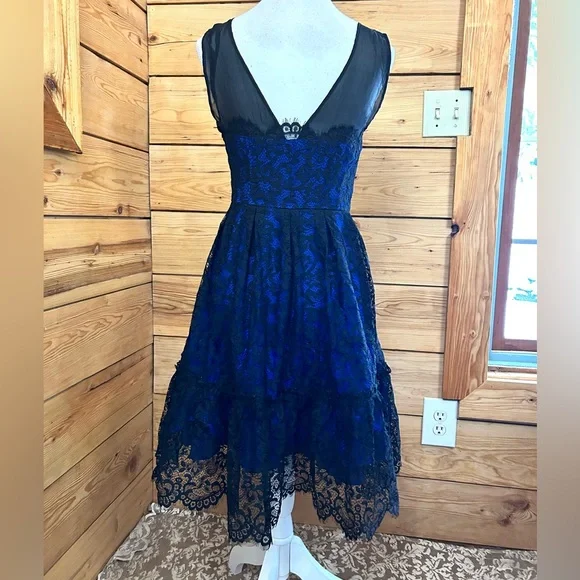 Moulinette Soeurs A-Line Dress Lace Silk Blue Black Fit & Flare Twirl‎ Prom HoCo - Picture 5 of 10